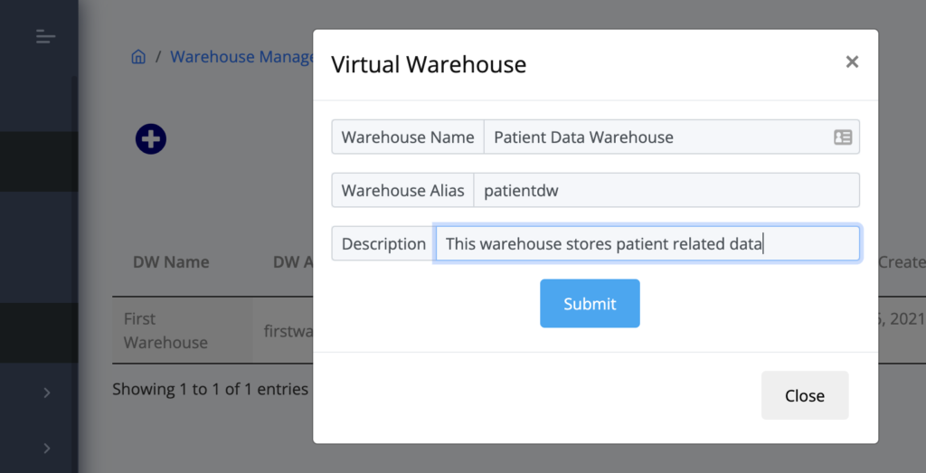 Figure 2.1b: Screen showing the warehouse fields with sample data entry